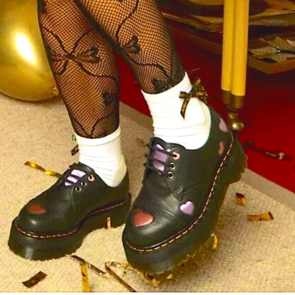 Dr. Martens Black Platform Oxfords with Pink Heart Accents - Picture 16 of 16